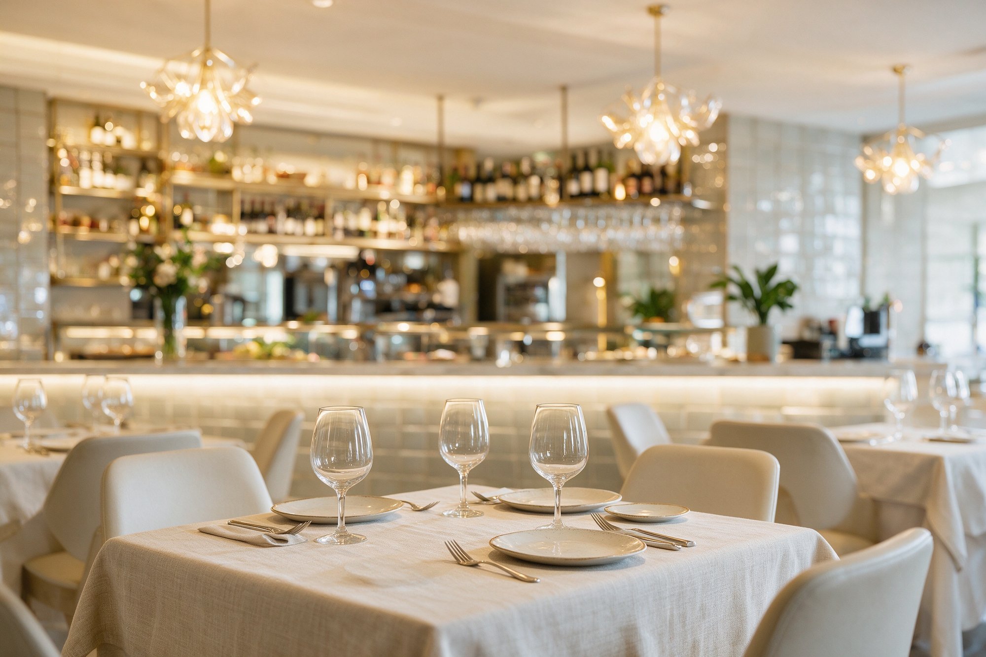 Interior luminoso y moderno del restaurante con mesas vestidas y luz cálida