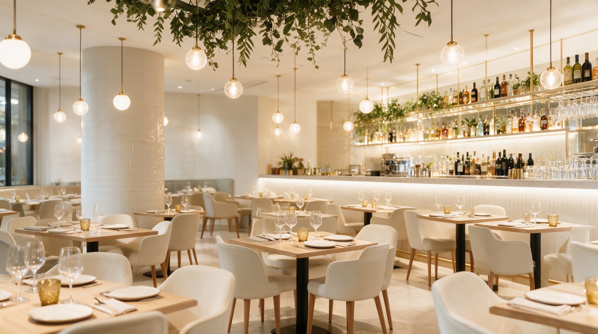 Comedor moderno del restaurante con lámparas globo, mesas vestidas y barra