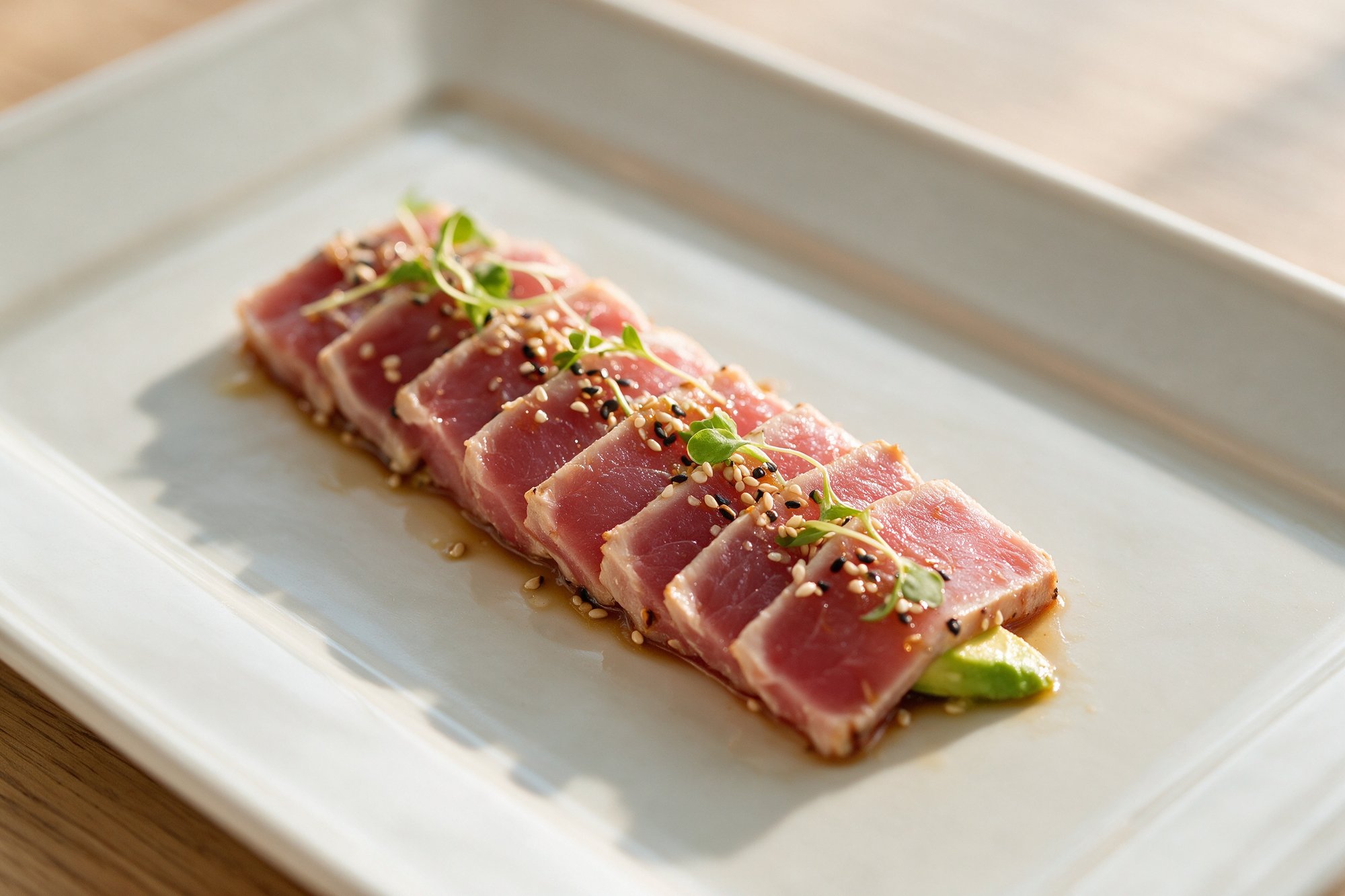 Tataki de atún con sésamo, aguacate y brotes tiernos