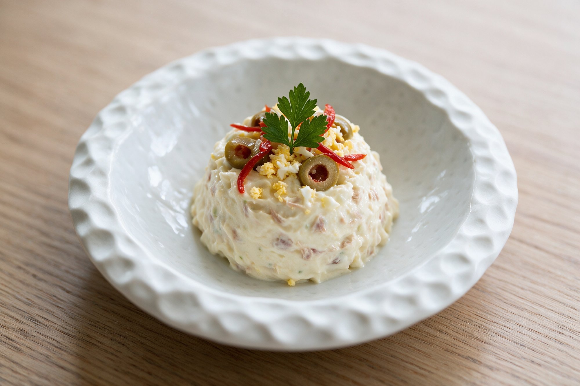 Ensaladilla rusa con aceitunas, huevo y pimiento