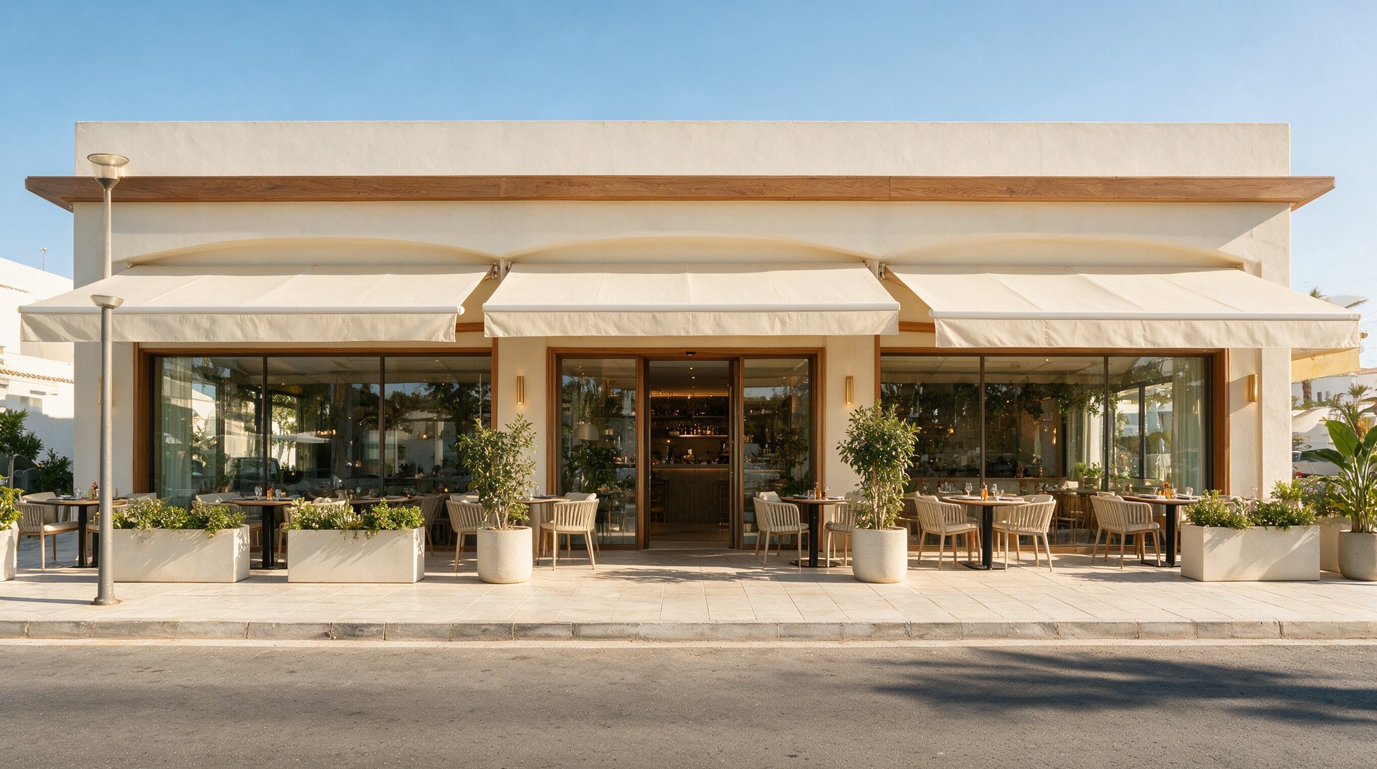 Fachada de un restaurante moderno con grandes ventanales y terraza en San Pedro de Alcántara